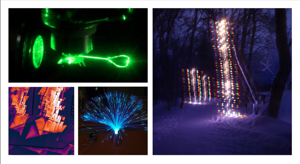 Some images of light in waveguides, fibers, being difracted, etc.