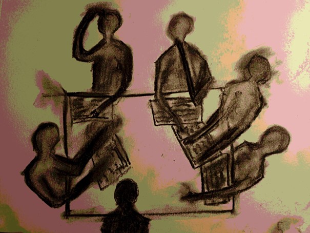 Lesegruppe illustrert av Sunniva Solhaug Fjelldal.