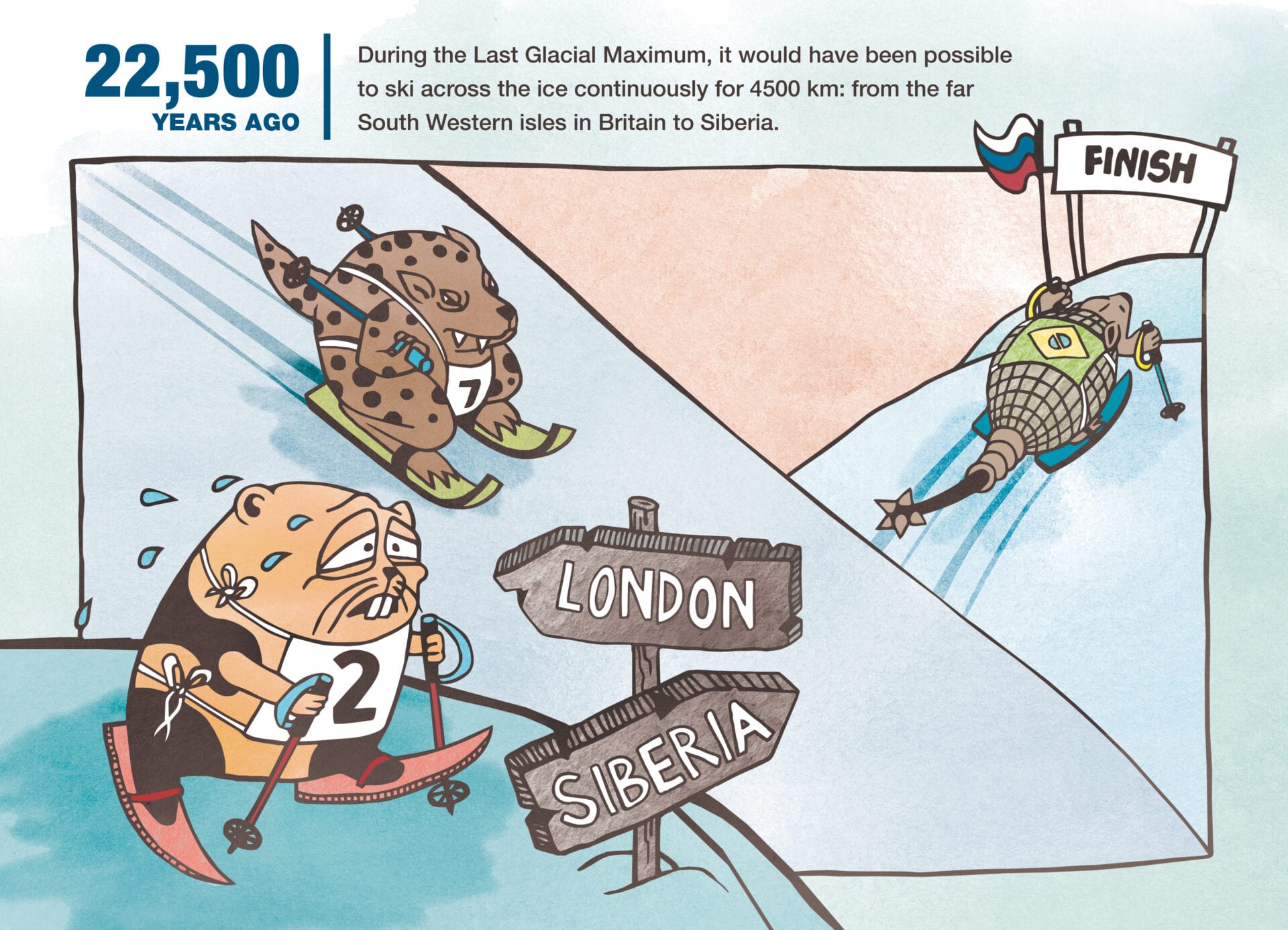 cartoon, lenny, illustration, skiing, Siberia, London, snow, climATE