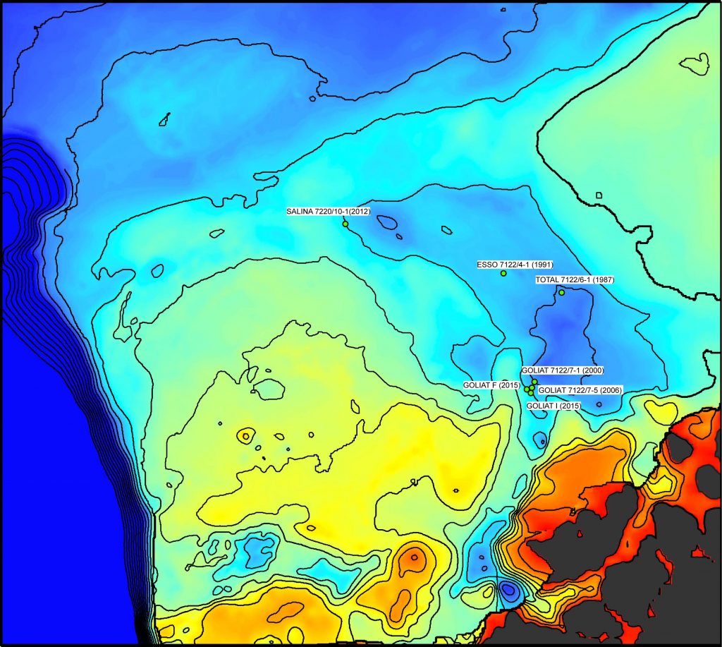 Fig. 1 b) Detailed bathymetric map of the Ingøydjupet-Tromsøflaket regions the wells were sediment cores were taken along transects (Fig. 2) for environmental studies in the BARCUT project.