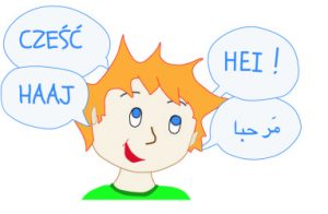 Illustrasjon av et barn som sier hei på norsk, sørsamisk, polsk og arabisk.