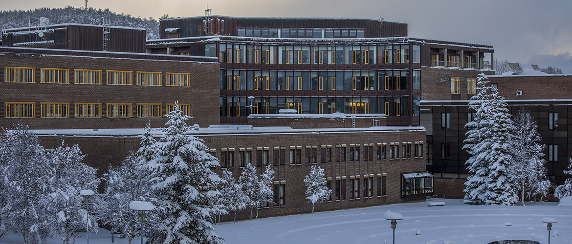 UiT campus Breivika buildings seen from outside during snowy winter.