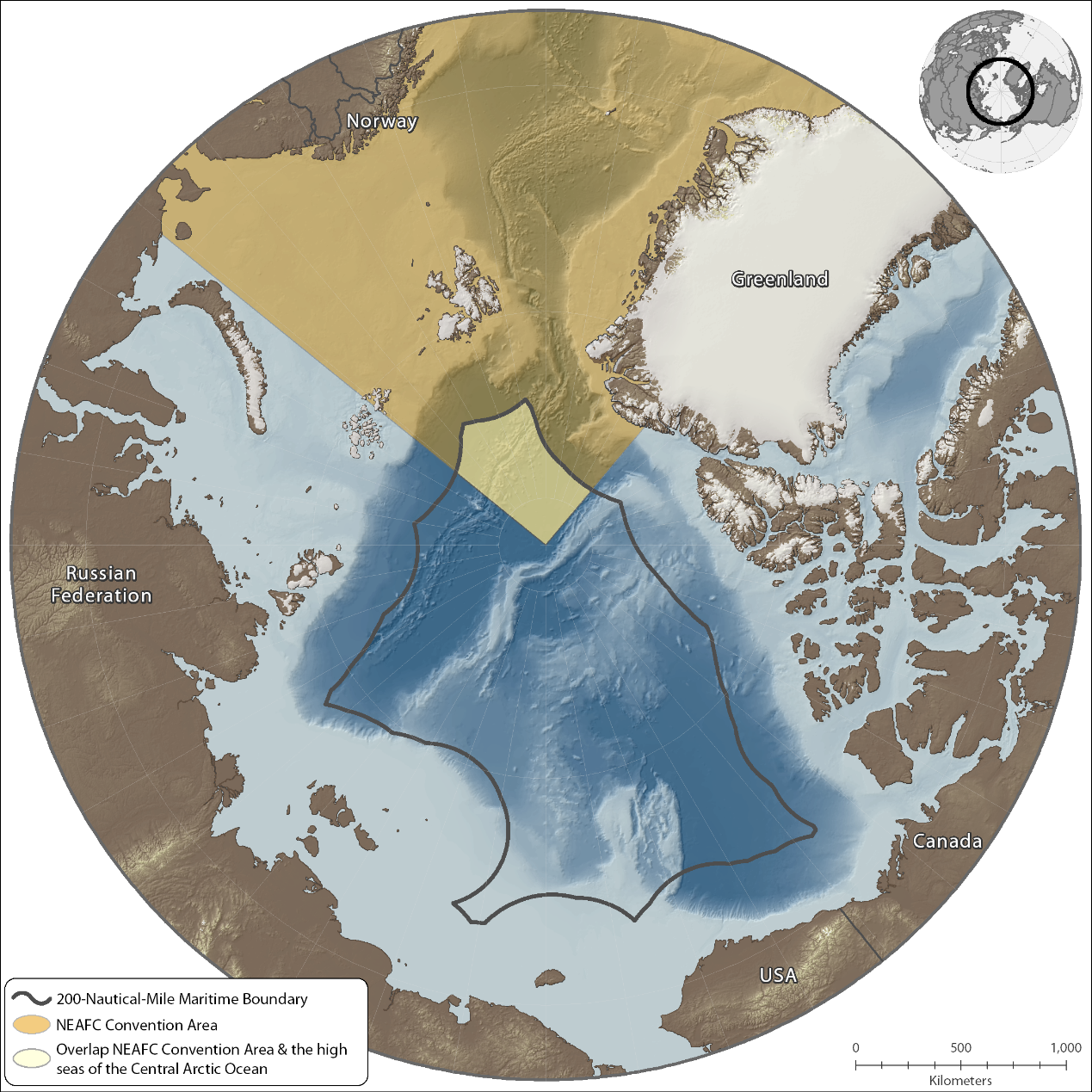 The map highlights the 200-Nautical-Mile Maritime Boundary in the arctic, as well as the NEAFC Convention Area, and where the high seas and the NEAFC-area overlap.