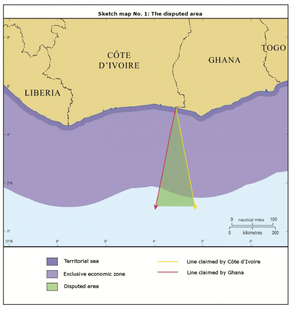 Map section showing the coast of the Ivory coast and Ghana, as well as the lines claimed by both nations.