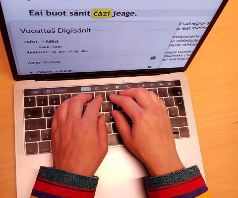 Hands on laptop keyboard with Sámi words on screen.