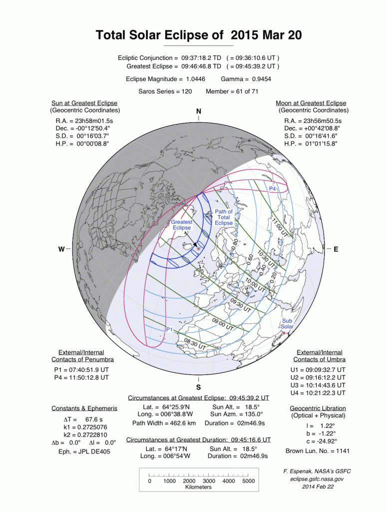 Orthographic map that shows the global visibility of the eclipse