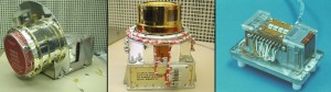 Three instruments will help measure the solar wind on the DSCOVR mission: (shown from left to right), the Faraday cup to monitor the speed and direction of positively-charged solar wind particles, the electron spectrometer to monitor electrons, and a magnetometer to measure magnetic fields. Credits: NASA/DSCOVR